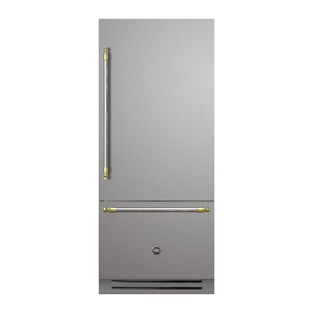 Refrigerador Bertazzoni Heritage 596 Litros 90cm-Abertura Direita - refrigerador bottom freezer em inox 304 escovado com puxadores retangulares dourados